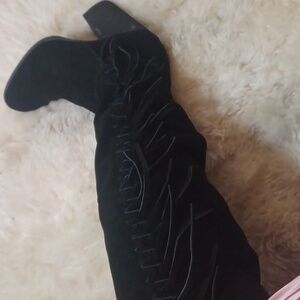 Carlos by Carlos Santana Black Suede Fringe Over the Knee Boots 10